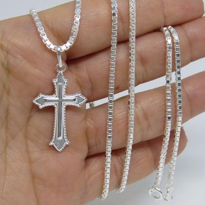 Imagem de Corrente Cordão Veneziana 60cm Pingente Crucifixo Prata 925