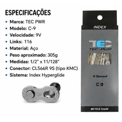 Imagem de Corrente de Bicicleta TEC 9 Velocidades 116 Elos com Power Link Index  MTB Speed Alta Durabilidade para Ciclismo