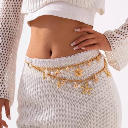 Imagem de Corrente De Cintura Boêmia Com Estrela-do-mar E Conchas, Corrente Corporal De Moda Com Pérolas De