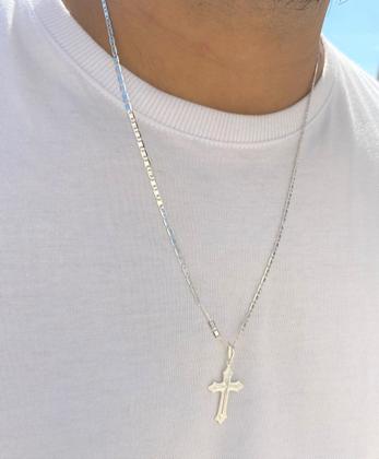 Imagem de Corrente De Prata 925 Masculina Piastrine 2.5mm 60cm Pingente Cruz Crucifixo