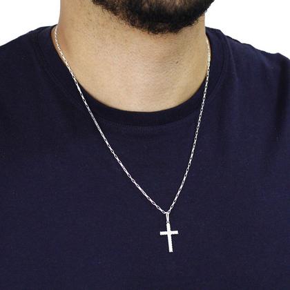 Imagem de Corrente de prata 925 masculina veneziana alongada 60cm pingente crucifixo laterais diamantadas