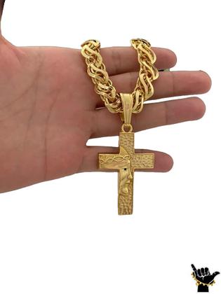 Imagem de Corrente Friso 12mm + Pulseira + Pingente Cruz Rosto jesus - Banhado a Ouro 18k