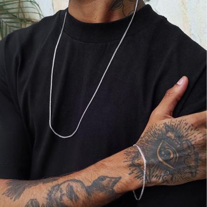 Imagem de Corrente Grumet Cordão 2mm Escama de Peixe E Pulseira Masculina 21cm Prata 925 Legitima Conjunto  70cm ou 60cm