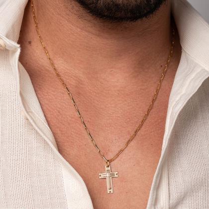 Imagem de Corrente Masculina 60cm Com Pingente de Cruz Trabalhada Ouro 18k