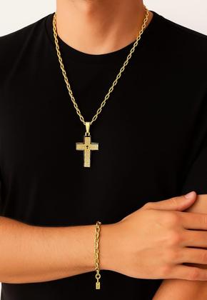 Imagem de Corrente Masculina Cordão Cadeado+ Pingente Cruz + Pulseira Banhado A Ouro