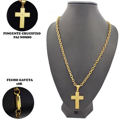 Imagem de Corrente Masculina Cordão Cadeado+ Pingente Cruz + Pulseira Banhado A Ouro