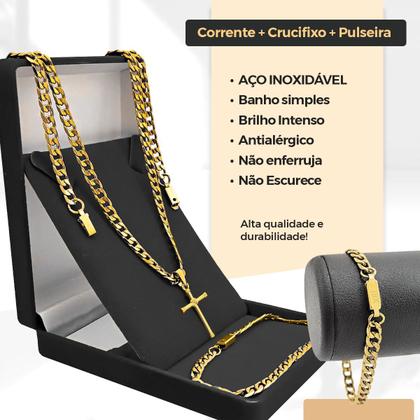 Imagem de Corrente Masculina Robusta Grossa 60cm + Pingente Crucifixo Fé Proteção + Pulseira Bracelete Grumet Banhado Ouro 18K Original Qualidade Premium