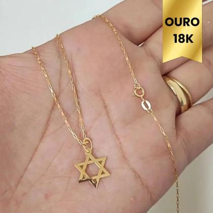 Imagem de Corrente Pingente Estrela de Davi Ouro 18k Tijolinho Fina Cordão Colar Masculino Feminino