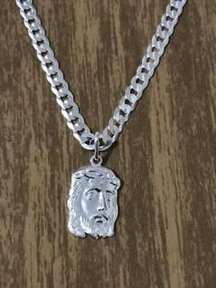 Imagem de Corrente Prata Maciça 925 Gurmet Flat 70cm Face Cristo