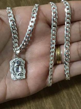 Imagem de Corrente Prata Maciça 925 Gurmet Flat 70cm Face Cristo