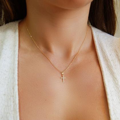 Imagem de Corrente Singapura Com Pingente Cruz Crucifixo Zircônias Ouro 18k 40 cm