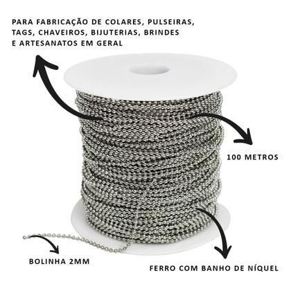 Imagem de correntinha 2mm bolinha 100 metros com fecho canoa 1000un