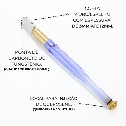 Imagem de Cortador De Vidro E Espelho Até 12mm Profissional Diamante C/ Bisnaga Riscador Vidraceiro