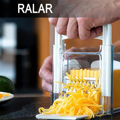 Imagem de Cortador Ralador de Queijo Presunto Fatiador Manual 4 em 1 Lamina Inox Armazenamento Pote Hermetico Cozinha Geladeira Alimento Multiuso Resistente