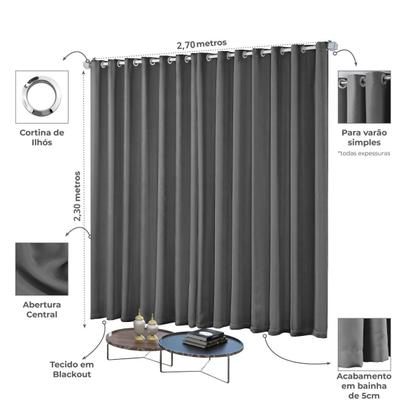 Imagem de Cortina Blackout Blecaute Quarto Sala em Tecido 2,70m x 2,30m Ilhós Cromado Solaris