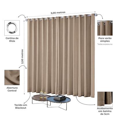 Imagem de Cortina Blackout Blecaute Quarto Sala em Tecido 3,00m x 2,50m com Ilhós Cromado Solaris