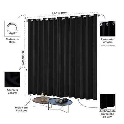 Imagem de Cortina Blackout Blecaute Quarto Sala em Tecido 3,00m x 2,50m com Ilhós Cromado Solaris