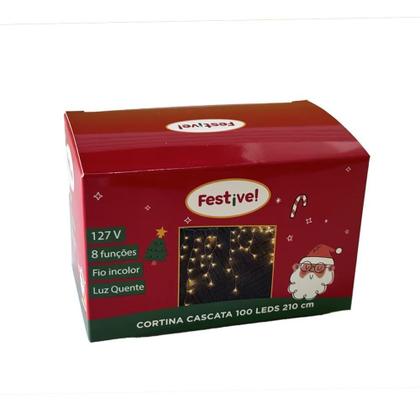 Imagem de Cortina Cascata de LED com 100 Lâmpadas Branco Quente 110V Fio Transparante - Festive
