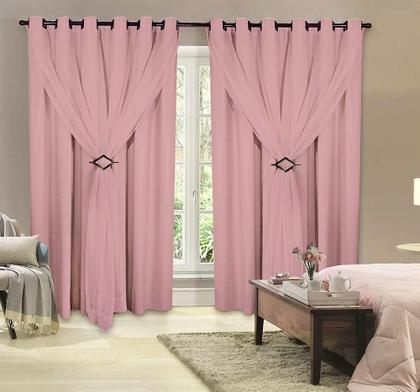 Imagem de Cortina Corta Luz 3,00m X 2,80m 100% Blackout Com Voil Rosa Para Sala Ou Quarto Para Varão Simples