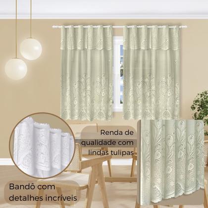 Imagem de Cortina de Cozinha de Renda com Tulipas Deixa a Claridade Entrar 2 x 1,5 m + 40cm Bandô