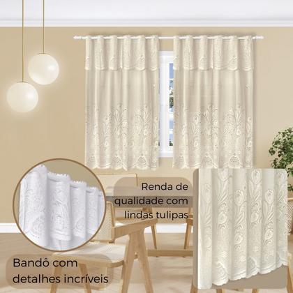 Imagem de Cortina de Cozinha de Renda com Tulipas Deixa a Claridade Entrar 2 x 1,5 m + 40cm Bandô
