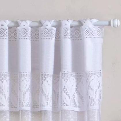 Imagem de Cortina de Janela para Cozinha ou Sala 1,20x2,20m Renda com Bando Acoplado Tulipa Branca Duas Folhas Decoração Elegante Fácil de Instalar