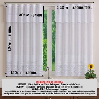 Imagem de Cortina de Janela para Cozinha ou Sala 1,20x2,20m Renda com Bando Acoplado Tulipa Branca Duas Folhas Decoração Elegante Fácil de Instalar