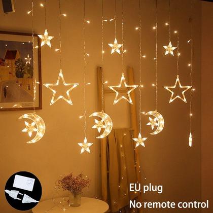 Imagem de Cortina de LED Luzes de Natal Estrela Lua Pisca Pisca 110v Branco Quente Colorido 3,60m Luminaria Natal