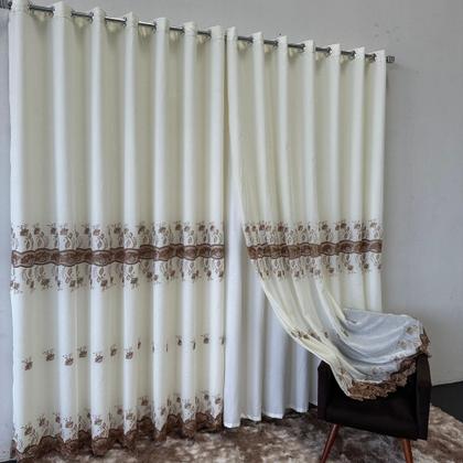Imagem de Cortina De Linho Bordado Guipir Com Forro Microfibra 3,00x2,20