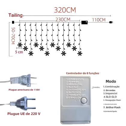 Imagem de Cortina de Luzes de LED Natal 2024 - Flocos de Neve - 8 Modos Pisca-Pisca