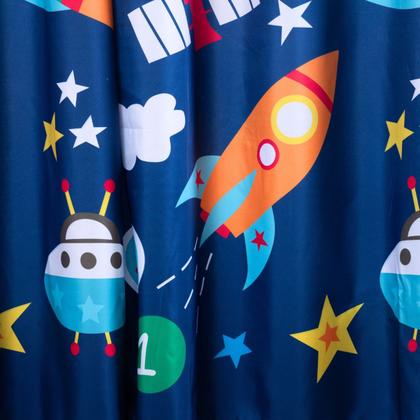 Imagem de Cortina Infantil Quarto Criança Pequena 2,00x1,40 Decorativa Varao Simples Menino Astronauta Foguete Azul