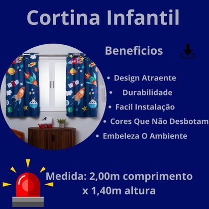 Imagem de Cortina Infantil Quarto Criança Pequena 2,00x1,40 Decorativa Varao Simples Menino Astronauta Foguete Azul