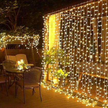 Imagem de Cortina LED Fixa Decorativa 300 Lâmpadas Fio Transparente Branco Quente 3m x 2m - Wincy