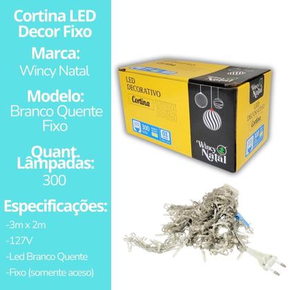 Imagem de Cortina LED Fixa Decorativa 300 Lâmpadas Fio Transparente Branco Quente 3m x 2m - Wincy