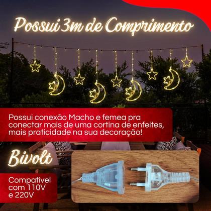Imagem de Cortina LED pisca pisca 3m Estrela e Lua Bivolt com 8 Modos de Luz e Conexão Extra para Decoração Natalina