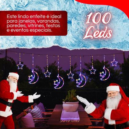 Imagem de Cortina LED pisca pisca 3m Estrela e Lua Bivolt com 8 Modos de Luz e Conexão Extra para Decoração Natalina