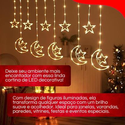 Imagem de Cortina LED pisca pisca 3m Estrela e Lua Bivolt com 8 Modos de Luz e Conexão Extra para Decoração Natalina