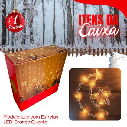 Imagem de Cortina LED pisca pisca 3m Estrela e Lua Bivolt com 8 Modos de Luz e Conexão Extra para Decoração Natalina