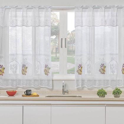 Imagem de Cortina Para Cozinha Com Bandô Renda Flores 2,00m x 2,50m Varão 2M - Branco