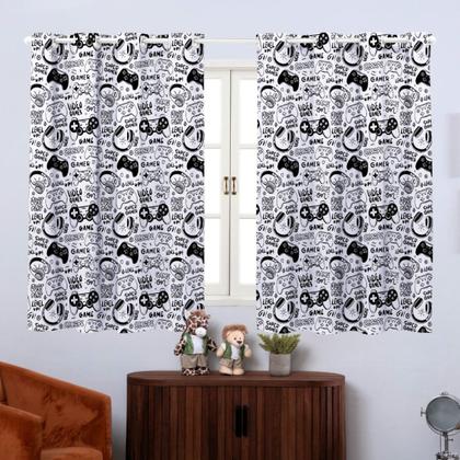 Imagem de Cortina Pequena Quarto Criança Infantil 2,00x1,40 Varao Simples Menino Video Game Branco Simples