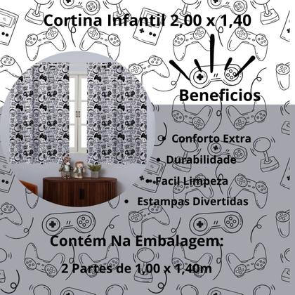 Imagem de Cortina Pequena Quarto Criança Infantil 2,00x1,40 Varao Simples Menino Video Game Branco Simples