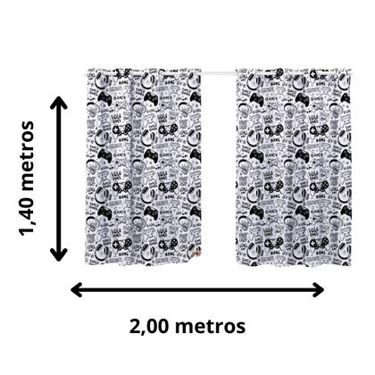 Imagem de Cortina Pequena Quarto Criança Infantil 2,00x1,40 Varao Simples Menino Video Game Branco Simples