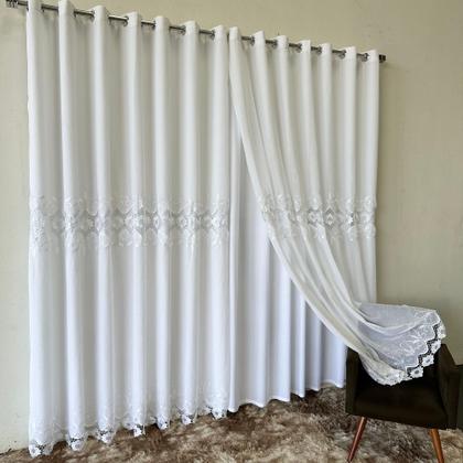 Imagem de Cortina Sofisticada De Linho Bordado Guipir Com Forro Microfibra 3,00x2,50