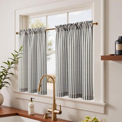 Imagem de Cortinas de cozinha: linho jinchan, 90 cm de comprimento, listradas, 2 painéis