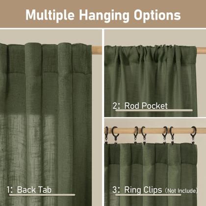 Imagem de Cortinas semitransparentes de linho de janela LAMIT de 54 polegadas de comprimento, painéis de filtragem de luz, aba traseira e cortinas de Natal com bolso de haste para quarto/sala de estar, verde oliva, 2 painéis, 34 x 54 polegadas