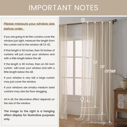 Imagem de Cortinas WAZZIO Boho para sala de estar, cortinas de renda, 84 polegadas de comprimento, 2 painéis, bolso em haste, borla vintage, decoração boêmia, geometria, listrada, filtrante de luz, cortinas semitransparentes para quarto, bege
