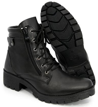 Imagem de Coturno Bota Feminina Preto Zíper Cadarço Confort Flex Couro + Relógio De Pulso