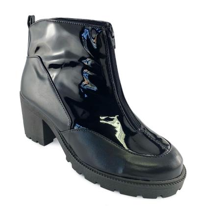 Imagem de Coturno com Salto Verniz Preto e Ziper Frontal Falto Tratorado 7 cm - ULLY