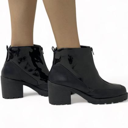 Imagem de Coturno com Salto Verniz Preto e Ziper Frontal Falto Tratorado 7 cm - ULLY