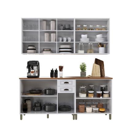 Imagem de Cozinha Americana Modulada Balcão 120cm com Tampo Aéreo 120cm Aéreo 80cm Balcão Duplo 80cm Compacta 4 Peças Paris